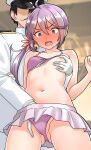  1boy 1girl absurdres admiral_(kancolle) akebono_(kancolle) bikini bikini_skirt bikini_top_lift blush breasts clothes_lift faceless faceless_male fingering fingering_from_behind full-face_blush furaggu_(frag_0416) gloves grabbing_another&#039;s_breast grabbing_from_behind groping hat hetero highres jacket kantai_collection long_sleeves military_uniform naval_uniform navel nipple_stimulation nipple_tweak open_mouth peaked_cap purple_bikini purple_eyes purple_hair sidelocks small_breasts standing stomach swimsuit tongue variant_set white_gloves white_hat white_jacket 