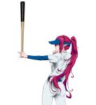  1girl absurdres alternate_costume ass baseball_bat baseball_uniform blue_eyes blue_hat breasts cowboy_shot from_side hat high_ponytail highres holding holding_baseball_bat hololive hololive_english irys_(hololive) jazasuuu long_hair pants ponytail profile purple_hair shirt simple_background solo sportswear virtual_youtuber visor_cap white_background white_pants white_shirt 