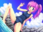  :d barefoot blue_eyes breasts cameltoe cloud covered_nipples day dutch_angle long_hair medium_breasts one-piece_swimsuit open_mouth original pink_hair ponytail rock school_swimsuit side_ponytail sitting sky smile soaking_feet solo spread_legs swimsuit tanuki_yousuke v water 