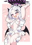  1girl absurdres ahoge black_halo blue_archive breasts demon_girl demon_horns demon_wings grabber_tool halo hand_up heart highres hina_(blue_archive) horns ken725011186 long_hair looking_at_viewer open_mouth purple_eyes small_breasts standing swimsuit thighs tickling tickling_armpits white_hair wings 