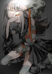  1girl absurdres armpits asymmetrical_clothes asymmetrical_sleeves belt black_belt commentary_request contrast_(idolmaster) covering_one_eye detached_sleeves expressionless floral_print gakuen_idolmaster grey_background grey_hair grey_thighhighs hair_ornament hairclip highres idolmaster lace-trimmed_shirt lace_trim long_hair looking_at_viewer mismatched_sleeves moffumoto official_alternate_costume orange_eyes orange_ribbon parted_lips ribbon shinosawa_hiro shirt shorts simple_background solo thighhighs 