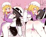  2girls absurdres arms_around_waist ass black_hair black_hat black_skirt blonde_hair blush breast_sucking breasts brown_eyes closed_eyes dildo double_dildo dress french_kiss frilled_dress frills hat hat_ribbon heart highres kiss long_hair long_sleeves maribel_hearn medium_breasts mob_cap multiple_girls nipples open_clothes open_mouth purple_dress purple_eyes pussy_juice ribbon saliva sex_toy shared_object_insertion shen_bi_ren_(user_rjgy2824) shirt short_hair sidelocks skirt sweat touhou usami_renko variant_set vibrator white_hat white_ribbon white_shirt yuri 