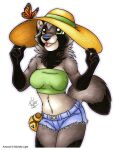 2025 anthro arthropod black_nose bottomwear butterfly canid canine clothed clothing daisy_dukes denim denim_bottomwear denim_clothing denim_shorts female fur green_eyes grey_body grey_fur hat headgear headwear hotpants insect lepidopteran mammal michele_light midriff monarch_butterfly navel open_mouth raccoon_dog shorts solo sun_hat tanuki topwear tube_top