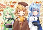  3girls :3 ahoge animal_ear_piercing animal_ears beret black-framed_eyewear black_sash black_scarf blonde_hair blue_eyes blue_hair blush bow brown_bow brown_eyes brown_hat brown_sash chestnut_mouth closed_mouth commentary_request dog_ears dog_girl earrings floppy_ears floral_background fur_scarf glasses green_eyes green_hair green_kimono hair_bow hair_intakes haori hat hinokuma_ran inaba_haneru_(animare) indie_virtual_youtuber japanese_clothes jewelry kimono long_hair looking_at_viewer multicolored_hair multiple_girls nanashi_inc. obi obijime open_mouth pink_hair plaid_clothes plaid_sash pom_pom_hat_ornament rabbit_ears rabbit_girl sash scarf short_hair short_hair_with_long_locks sidelocks single_earring smile souya_ichika streaked_hair upper_body usaba_(usabara_c) very_long_hair virtual_youtuber white_kimono yellow_kimono 