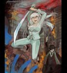  1other 2boys 2girls arm_up arms_up black_hat black_jacket black_necktie black_shoes black_suit blood blood_on_weapon building burning burning_building chest_sarashi city clenched_hand commentary danganronpa_(series) danganronpa_3_(anime) dark_persona english_commentary eyelashes eyepatch fire full_body glasses grey_hair grey_jacket grey_pants grey_suit hat high_heels highres holding holding_sword holding_weapon jacket kuzuryu_fuyuhiko long_hair long_sleeves midair multiple_boys multiple_girls necktie nidai_nekomaru official_alternate_costume official_alternate_hairstyle open_mouth owari_akane pant_suit pants pekoyama_peko pillarboxed pink_blood red_eyes sarashi scarf shirt shoes side_ponytail smile spoilers suit sword teeth twitter_username upper_teeth_only vio_(portovio) weapon white_shirt window 