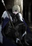  1boy arm_on_knee armor bags_under_eyes black_armor black_boots black_fur blonde_hair blue_cape blue_eyes boots breastplate cape debris dimitri_alexandre_blaiddyd dimitri_alexandre_blaiddyd_(timeskip) eyepatch faulds fire_emblem fire_emblem:_three_houses fur-trimmed_boots fur-trimmed_cape fur_trim gauntlets hair_between_eyes highres holding holding_polearm holding_weapon looking_ahead male_focus megubiru one_eye_covered pillar polearm rubble sitting solo weapon white_fur 