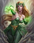  1girl bare_shoulders breasts cleavage detached_sleeves douglas_bicalho enchantress_(marvel) green_eyes green_leotard green_pantyhose green_sleeves highres leotard long_hair looking_at_viewer magic marvel medium_breasts pantyhose solo strapless strapless_leotard 