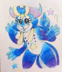 2023 2_horns 4_arms 4_fingers alien anthro beastofeuthanasia black_eyes blue_body blue_eyes blue_hair blue_nose blue_sclera blue_skin circle_eyebrows closed_smile colored_pencil_(artwork) eyebrows eyelashes featureless_crotch female female_anthro fingers hair hi_res horizontal_pupils horn lagomorph long_ears long_eyelashes mammal markings mouth_closed multi_arm multi_limb multicolored_body multicolored_skin nude nude_anthro nude_female pink_horn portrait pupils purple_markings simple_background smile snapping_fingers solo sparkles star_(marking) starport_(beastofeuthanasia) teeth thick_horn three-quarter_portrait tooth_gap traditional_media_(artwork) white_body white_pupils white_skin yellow_markings