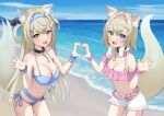  2girls alternate_costume animal_ear_fluff animal_ears bandaid bandaid_hair_ornament bare_shoulders beach belt bikini bikini_under_shorts blonde_hair blue_belt blue_bikini blue_eyes blue_hair blue_nails blue_scrunchie blue_sky blush breasts claw_pose cleavage collarbone dog_ears dog_girl dog_tail front-tie_bikini_top front-tie_top fuwawa_abyssgard hair_ornament hairclip headphones heart heart_hands heart_hands_duo highres hololive hololive_english horn_hairband large_breasts long_hair looking_at_viewer medium_breasts mococo_abyssgard multicolored_hair multiple_girls navel open_mouth parallel_hairclips pink_belt pink_bikini pink_eyes pink_hair pink_nails pink_scrunchie scrunchie short_hair short_shorts shorts siblings side-tie_bikini_bottom sisters sky smile stomach swimsuit taachika tail twins unworn_headphones virtual_youtuber white_shorts wrist_scrunchie x_hair_ornament 