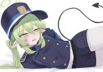  1girl bdsm blue_archive bondage bound bruise green_hair gurenola hat injury nozomi_(blue_archive) pointy_ears ryona solo tail tearing_up 