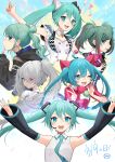  25-ji_miku 6+girls :d ;d ahoge aqua_hair aqua_nails arms_up artist_name black_sleeves blue_eyes bow bowtie breasts checkered_clothes collared_shirt commentary dated detached_sleeves earrings english_commentary fangs grey_hair hair_between_eyes hair_ribbon hatsune_miku heterochromia highres hitsujino_mery hood hood_down hoop_earrings jewelry leo/need_miku looking_at_viewer miku_day more_more_jump!_miku multicolored_hair multiple_girls one_eye_closed open_mouth pink_bow pink_bowtie project_sekai red_eyes ribbon safety_pin_hair_ornament shirt sidelocks sleeveless sleeveless_shirt smile streaked_hair twintails v vivid_bad_squad_miku vocaloid w white_ribbon white_shirt wonderlands_x_showtime_miku 