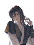  1boy ahoge bishounen black_hair black_hanfu blush chinese_clothes chinese_commentary grey_eyes hair_ribbon hand_up hanfu head_tilt highres holding holding_own_hair long_hair long_sleeves looking_to_the_side male_focus modao_zushi parted_lips playing_with_own_hair ponytail red_ribbon ribbon robe shenzhang10011 sidelocks simple_background smile solo upper_body watermark wei_wuxian weibo_watermark white_background 