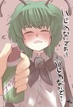  antennae arms_behind_back blush bug_spray bullying cape closed_eyes commentary gaoo_(frpjx283) green_hair open_mouth short_hair solo spray_can sweatdrop tears touhou translated trembling wriggle_nightbug 