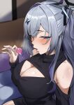  1girl absurdres amane_konata bare_shoulders black_halo black_sweater breasts candy cleavage cleavage_cutout clothing_cutout food grey_hair half-closed_eyes halo highres holding holding_candy holding_food holding_lollipop hololive hoshara large_breasts lollipop long_hair purple_eyes purple_hair saliva saliva_trail sketch solo star_halo sweater twintails upper_body very_long_hair virtual_youtuber 