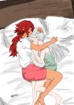  2girls 715piro_gon absurdres barefoot blush camisole closed_eyes closed_mouth commentary_request cuddling dark-skinned_female dark_skin green_camisole green_shorts gundam gundam_suisei_no_majo highres leg_between_thighs long_hair miorine_rembran multiple_girls on_bed pillow pink_shorts red_hair shirt short_sleeves shorts sleeping suletta_mercury thick_eyebrows white_hair white_shirt yuri 