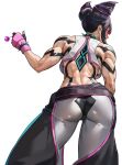  1girl absurdres back black_hair candy choker food from_behind from_below hair_horns highres holding holding_candy holding_food holding_lollipop lollipop looking_back pants solo spiked_choker spikes standing street_fighter street_fighter_6 toned toned_female yagi_(joe731842) 