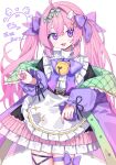 1girl :3 ahoge apron bell black_dress blush bow bowtie commentary commissioner_name cowboy_shot dress frilled_apron frills hair_between_eyes hair_ornament hair_ribbon hands_up highres indie_virtual_youtuber jacket jingle_bell long_hair long_sleeves looking_at_viewer morumoru_x nail_polish off_shoulder open_clothes open_jacket open_mouth pink_hair purple_bow purple_bowtie purple_eyes purple_jacket purple_nails purple_ribbon ribbon signature simple_background smile solo twintails virtual_youtuber white_apron white_background yashiro_runa 