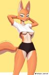 2025 alternate_version_at_paywall anthro artist_name barbell_piercing biped black_bottomwear black_clothing black_shorts bodily_fluids bottomwear breasts canid canine clothing colored crop_top dany-j diane_foxington dreamworks eyebrow_barbell eyebrow_piercing facial_piercing female fluffy fluffy_tail fox front_view fur green_eyes hand_behind_head hands_behind_head hi_res high_waisted_bottomwear hotpants inner_ear_fluff looking_at_viewer mammal midriff navel orange_body orange_fur piercing portrait pose raised_arm shirt shorts simple_background slim solo spandex spandex_shorts standing sweat sweatdrop sweaty_body tail tan_body tan_fur text the_bad_guys three-quarter_portrait tight_bottomwear tight_clothing tight_shorts topwear tuft under_boob white_clothing white_crop_top white_topwear yellow_background