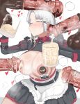  1girl absurdres animal_penis apron bestiality black_skirt blush breasts breasts_out collared_shirt cropped_shirt cum cum_in_container cum_in_cup cum_in_mouth cumdrip cup drake_(nikke) earrings ejaculation erection giacmertanfine goddess_of_victory:_nikke gokkun grey_hair group_sex heart highres holding holding_cup horse_penis huge_breasts huge_penis jewelry kneeling large_areolae long_sleeves medium_hair miniskirt name_tag on_ground parted_bangs penis penis_on_head pink_eyes pleated_skirt puffy_nipples rolling_eyes shirt skirt smell solo_focus spoken_heart steaming_body testicles tongue tongue_out uncensored white_apron 