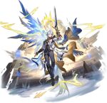  1boy antenna_hair aqua_eyes armor belt black_boots black_choker black_gloves black_pants blue_cape blue_wings boots cape character_name choker coat collared_coat copyright_name copyright_notice fingerless_gloves full_body game_cg gloves hair_between_eyes halo high_collar highres holding holding_sword holding_weapon honkai:_star_rail honkai_(series) long_sleeves male_focus non-web_source official_art pants parted_lips phainon_(honkai:_star_rail) short_hair shoulder_armor solo standing sword tassel transparent_background weapon white_hair wings yellow_halo 
