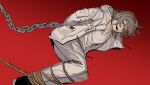  1boy absurdres aotsuki_eito blue_eyes bound bound_arms bound_legs brown_hair chain chained commentary danganronpa_(series) danganronpa_2:_goodbye_despair english_commentary glasses highres jacket jun_(rand) looking_at_viewer male_focus open_clothes open_jacket open_mouth pants red_background rope scene_reference shirt short_hair smile solo teeth the_hundred_line_-last_defense_academy- upper_teeth_only white_jacket white_pants white_shirt 