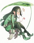  1girl asui_tsuyu black_eyes blush bodysuit boku_no_hero_academia closed_mouth commentary_request eitopondo frog_girl from_side full_body gloves green_bodysuit green_hair hair_between_eyes hair_rings highres leaf long_hair long_tongue looking_at_viewer low-tied_long_hair notice_lines simple_background smile solo superhero_costume tongue tongue_out white_background white_gloves 