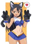  1girl abysswatchers alternate_costume animal_ears animal_hands black_gloves black_hair blue_skirt breasts brown_eyes cat_ears commentary cowboy_shot crop_top dark-skinned_female dark_skin double_v ear_piercing english_commentary eyelashes fake_animal_ears fang gloves hair_ornament hairclip heart highres ijiranaide_nagatoro-san long_hair looking_to_the_side midriff nagatoro_hayase open_mouth paw_gloves piercing shiny_skin shirt skin_fang skirt sleeveless sleeveless_shirt smile solo speech_bubble spoken_heart tan tanlines thighs v 