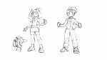  1boy 1girl bandana beanie bike_shorts brendan_(pokemon) clenched_hand clenched_hands closed_mouth concept_art facing_viewer fanny_pack from_side gloves greyscale hat jacket long_bangs looking_at_viewer may_(pokemon) monochrome official_art pants pokemon pokemon_rse short_sleeves shorts skirt smile sugimori_ken 