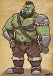 beard body_hair boots bottomwear brown_bottomwear brown_clothing brown_pants chest_hair clothing facial_hair facial_piercing footwear hi_res humanoid male nanoff nose_piercing nose_ring orc pants piercing ring_piercing septum_piercing septum_ring shoes solo tusks