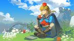  1boy apple black_cape blonde_hair blue_eyes blue_sky blue_tunic boots brown_boots brown_gloves brown_pants cape champion&#039;s_tunic_(zelda) cloud cloudy_sky copyright_name day earrings eating fingerless_gloves fold-over_boots food food_on_head fruit fruit_on_head gloves guardian_(zelda) hashtag-only_commentary highres holding holding_food holding_fruit indian_style jewelry link male_focus object_on_head on_grass pants pointy_ears sidelocks sitting sky solo the_legend_of_zelda the_legend_of_zelda:_breath_of_the_wild tunic yuemianning 