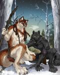 4_toes 5_fingers accessory anthro armband arrow_(weapon) artist_name barefoot black_body black_fur black_nose blue_eyes bottomwear bow_(weapon) braided_hair brown_body brown_fur brown_hair canid canine canis chest_strap claws clothed clothing cloud crouching dagger digital_media_(artwork) duo eyewear feather_ear_ring feet fingers fur glasses hair hair_accessory holding_bow_(weapon) holding_dagger holding_melee_weapon holding_object holding_ranged_weapon holding_weapon loincloth loincloth_only looking_at_viewer male mammal melee_weapon miles_(miles-wolf) multicolored_body multicolored_fur nature nature_background outside plant quiver_(object) ranged_weapon sky snow star starry_sky tail text toe_claws toes topless tree watermark weapon wearing_glasses white_body white_fur windwttom wolf yellow_sclera