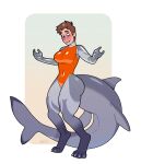2023 absurd_res anthro artist_initials barefoot biped blackshirtboy blue_eyes blush breasts brown_hair clothed clothing colored countershade_tail countershading digitigrade feet female fin fish fully_clothed gender_transformation grey_body grey_countershading grey_markings hair hands_out hi_res human human_to_anthro looking_down_at_self male_(lore) mammal marine markings mtf_transformation navel non-mammal_breasts non-mammal_navel one-piece_swimsuit paws pickit shaded shark shark_tail simple_background smile solo species_transformation standing suit_transformation swimwear tail tail_fin transformation year