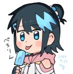  1girl black_hair blue_eyes blue_hair colored_inner_hair food hair_bun hair_ornament hairclip highres holding holding_food holding_popsicle itoriyo medium_hair multicolored_hair popsicle raisei_no_ryu_tsukai simple_background sketch sorano_minori tongue tongue_out white_background 