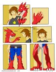 2012 anthro belt bottomwear brown_eyes brown_hair claw_toes claws clothed clothing colored comic countershade_face countershade_legs countershade_neck countershade_torso countershading denim denim_bottomwear denim_clothing dialogue digitigrade dragon dsaprox duo english_text fangs frown fully_clothed gesture glistening glistening_body goo_creature goo_drip goo_transformation hair hand_gesture hi_res horn human human_to_anthro hypnosis inside jeans long_tongue looking_at_own_hand male mammal mind_control mythological_creature mythological_scalie mythology open_mouth pants pointing pointing_at_another red_body scalie shirt simple_background smile species_transformation spiral spiral_eyes standing t-shirt teeth text tongue tongue_out topwear transformation transformation_sequence white_body white_countershading