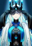  1girl absurdres black_dress black_gloves blue_eyes blue_lips crown dress fate/grand_order fate_(series) gloves highres long_hair looking_at_viewer morgan_le_fay_(fate) morgan_le_fay_(queen_of_winter)_(fate) nakanohiro parted_lips simple_background solo upper_body veil watermark white_hair wide_sleeves 