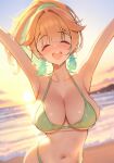  1girl ^_^ absurdres armpits arms_up beach bikini blurry blurry_background blush breasts cleavage closed_eyes cloud colored_inner_hair commentary day earrings english_commentary facing_viewer feather_earrings feathers gradient_hair green_bikini green_feathers green_hair hair_flaps halterneck high_ponytail highleg highleg_bikini highres hololive hololive_english jewelry large_breasts long_hair medium_hair multicolored_hair navel open_mouth orange_hair outdoors ponytail prab sky smile solo stomach sunset swimsuit takanashi_kiara teeth upper_teeth_only virtual_youtuber wet 