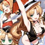 1girl ;d animal_ears arknights armpits black_one-piece_swimsuit breasts cleavage closed_eyes drill_hair fang folding_fan green_eyes hand_fan hat highres holding holding_fan long_hair multiple_views one-piece_swimsuit one_eye_closed open_mouth smile swimsuit swire_(arknights) swire_the_elegant_wit_(arknights) tail tiger_ears tiger_girl tiger_tail tokinin4 