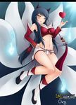 ahri animal_ears black_hair blush breasts cheng cleavage detached_sleeves facial_mark fire flame fox_ears fox_tail heart korean_clothes large_breasts league_of_legends long_hair looking_at_viewer multiple_tails navel panties smile solo tail underwear whisker_markings yellow_eyes 