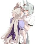  2girls animal_ears blonde_hair blue_hair blush collared_shirt commentary_request fujimasa_march_(umamusume) hand_in_another&#039;s_hair hand_on_another&#039;s_shoulder highres hill_chuchu horse_ears horse_girl horse_tail long_hair multiple_girls oguri_cap_(umamusume) purple_eyes purple_shirt red_eyes school_uniform shirt short_hair short_sleeves simple_background tail tracen_school_uniform umamusume umamusume:_cinderella_gray white_background white_shirt yuri 