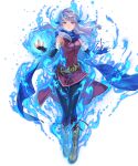  1girl alternate_eye_color aura blue_eyes blue_fire blue_headband breasts fingerless_gloves fire fire_emblem fire_emblem:_radiant_dawn fire_emblem_engage fire_emblem_heroes gloves headband highres looking_at_viewer medium_breasts micaiah_(emblem)_(fire_emblem) micaiah_(fire_emblem) non-web_source official_alternate_eye_color official_art pantyhose scarf smile solo suzuki_rika tachi-e transparent_background white_hair 