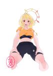  1girl absurdres ahoge alternate_costume bike_shorts black_shorts black_sports_bra blonde_hair breasts commentary_request crop_top cropped_legs feet_out_of_frame from_below hair_intakes halo hands_on_own_knees highres hinata_mashu large_breasts looking_at_viewer looking_down medium_hair midriff n1jichich1 nanashi_inc. navel open_mouth orange_eyes orange_halo orange_shirt shirt shorts simple_background solo sports_bra sweat white_background 