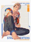  1boy arm_on_knee barefoot black_hair black_pants blonde_hair blue_eyes blue_hoodie character_name collarbone commentary_request copyright_name dog_tags fingerless_gloves forked_eyebrows full_body gloves highres hood hood_down hoodie knee_up looking_at_viewer luke_sullivan male_focus mma_gloves multicolored_gloves multicolored_hair multiple_scars muscular muscular_male pants parted_lips scar scar_across_eye scar_on_arm scar_on_cheek scar_on_face shirt short_sleeves sitting sleeveless sleeveless_hoodie smile solo star_(symbol) street_fighter street_fighter_6 talgi teeth two-sided_hoodie two-tone_hair veins veiny_arms 