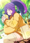  1girl :t absurdres alternate_breast_size bag bench blurry blurry_background blush breasts chewing closed_eyes closed_mouth commission day dutch_angle eating food food_on_face gigantic_breasts highres holding holding_bag holding_food hood hoodie huge_breasts jacket lens_flare light_rays long_hair long_sleeves on_bench original outdoors paper_bag park_bench ponytail purple_hair shiro9jira shopping_bag sitting sitting_on_bench skeb_commission solo steamed_bun sunlight thick_thighs thighhighs thighs tree white_thighhighs yellow_hoodie yellow_thighhighs zettai_ryouiki 