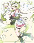  1girl ahoge animal_ears ass asymmetrical_legwear blush bow bowtie breasts ferret ferret_ears ferret_girl ferret_tail flower gradient_fur gradient_hair gradient_tail green_eyes green_fur green_hair green_sweater green_tail hair_between_eyes hairband highres laimu_(vtuber) laimu_(vtuber)_(cozy) large_breasts limon_(laimu) long_hair looking_back mismatched_legwear miwiichi multicolored_fur multicolored_hair multicolored_tail o-ring o-ring_thigh_strap one_eye_closed overalls pink_bow pink_bowtie pink_overalls ribbon simple_background single_thighhigh socks suspenders sweater tail thigh_strap thighhighs turning_head twintails two-tone_fur two-tone_hair two-tone_tail vinesauce virtual_youtuber white_fur white_hair white_sweater white_tail 
