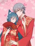  1boy 1girl animal_ear_fluff animal_ears blush caelus_(honkai:_star_rail) centauri-d chinese_clothes closed_eyes clothing_request commentary commission commissioner_name english_commentary folding_fan fox_ears fox_girl grey_hair hand_fan heart heart_background highres holding holding_fan honkai:_star_rail honkai_(series) long_sleeves sash smile trailblazer_(honkai:_star_rail) wedding yellow_eyes yukong_(honkai:_star_rail) 