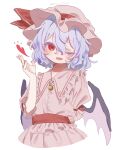  1girl absurdres bat_wings bell blue_hair blush bow cropped_torso dot_nose dress fang hat hat_ribbon heart highres looking_at_viewer misoice_ramen mob_cap one_eye_closed open_mouth puffy_sleeves red_bow red_eyes remilia_scarlet ribbon short_hair short_sleeves simple_background skin_fang solo thick_eyelashes touhou twitter_username white_background wings 