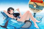  1girl bamboo_tac barefoot black_hair black_one-piece_swimsuit blush breasts colored_inner_hair ellen_joe fins fish_tail innertube large_breasts looking_at_viewer multicolored_hair one-piece_swimsuit red_eyes red_hair shark_girl shark_tail short_hair sign solo swim_ring swimsuit tail water zenless_zone_zero 
