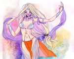  armlet bikini_top blonde_hair blue_eyes bracelet chibafage circlet dancer's_costume_(dq) dragon_quest dragon_quest_vi earrings jewelry loincloth long_hair low-tied_long_hair midriff mireyu pelvic_curtain ribbon see-through solo veil very_long_hair 