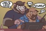 2024 american_opossum anthro blue_clothing capybara caviid clothing drawing_tablet duo english_text eyewear glasses hat headgear headwear hi_res male mammal marsupial nanoff nanoff_(character) overweight overweight_male rodent smile speech_bubble stubble text