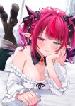  +_+ 1girl absurdres aqua_eyes bare_shoulders bed_sheet black_bow black_collar black_halo black_horns black_nails black_pantyhose black_ribbon black_shoes black_skirt blush bow breasts cleavage collar collarbone commentary detached_collar english_commentary fangs fingernails frilled_shirt frills gem grin hair_bow hair_ribbon halo heckler_kai heterochromia highres hololive hololive_english horns indoors irys_(hololive) large_breasts long_hair lying multicolored_hair multicolored_nails nail_polish on_stomach pantyhose pink_eyes pink_hair pink_nails pink_wings pointy_ears purple_wings red_gemstone red_hair ribbon shirt shoes skirt smile solo streaked_hair striped_ribbon teeth the_pose transparent_wings two-tone_hair two-tone_nails two_side_up virtual_youtuber white_halo white_shirt window wings 
